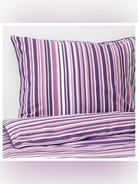 NWT Ikea Randgras Full/Queen Duvet Cover/Pillow Shams in White/Purple Stripes